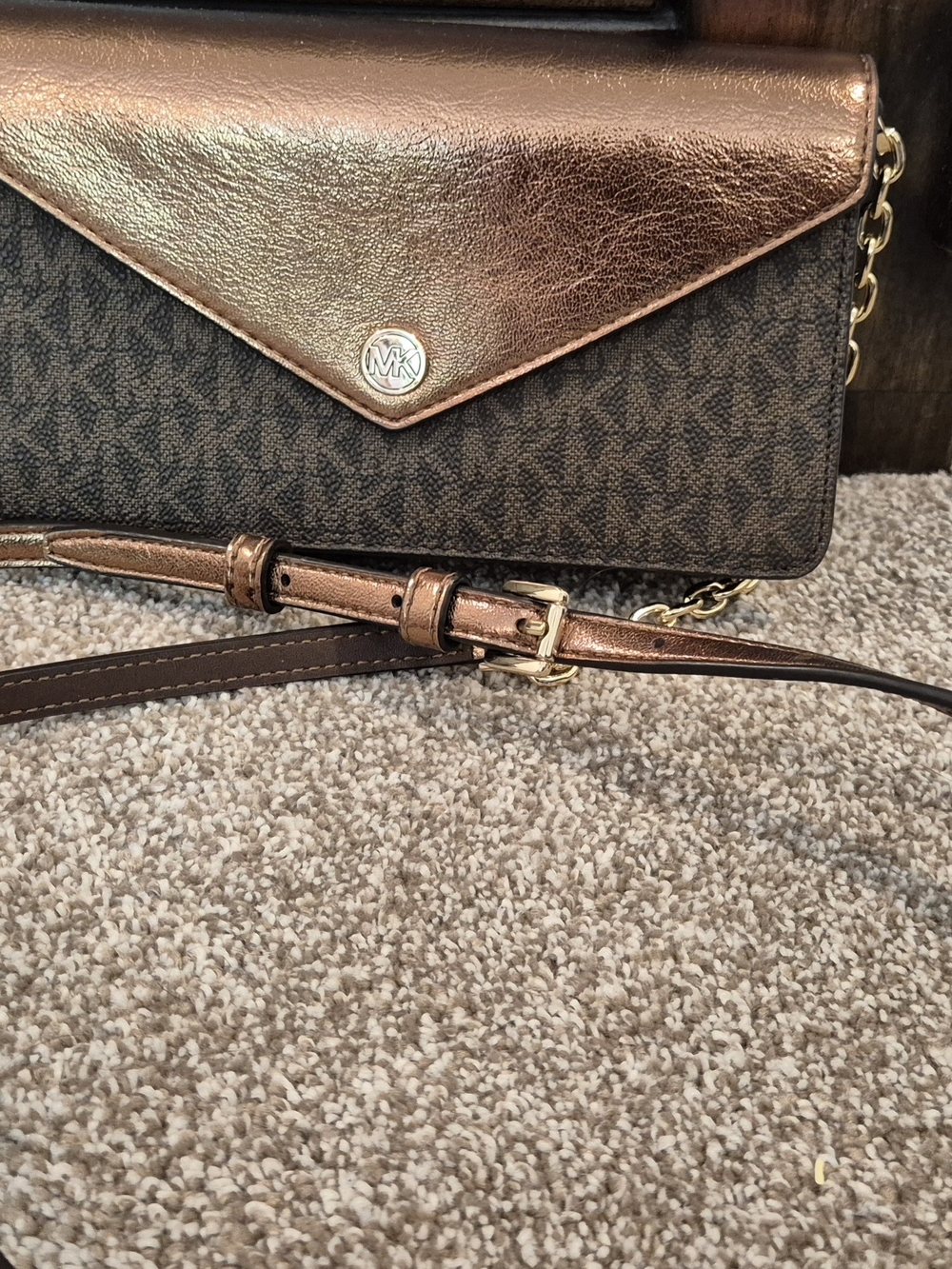 Michael Kors Brown Signature Canvas Crossbody with Metallic Rose Gold Flap